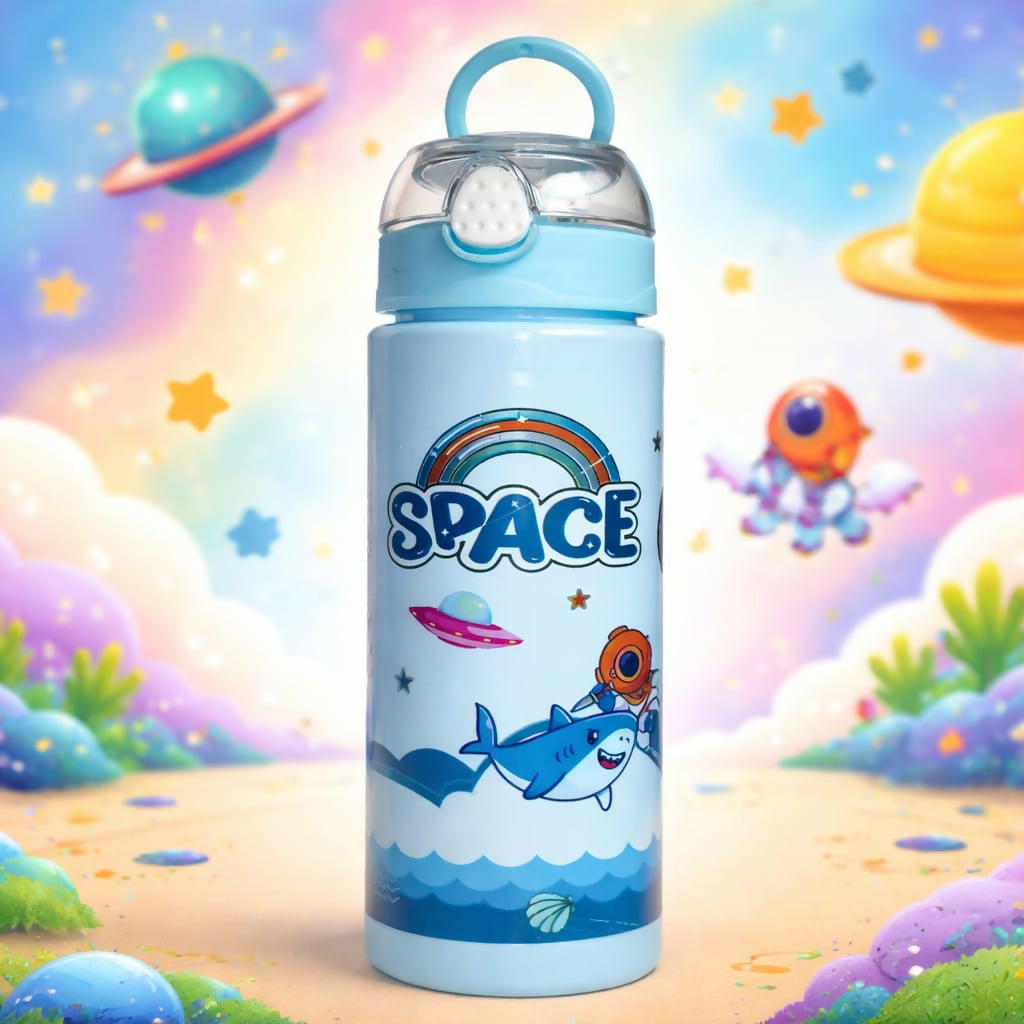 Kids cartoon water bottle with unicorn design and flip-top straw