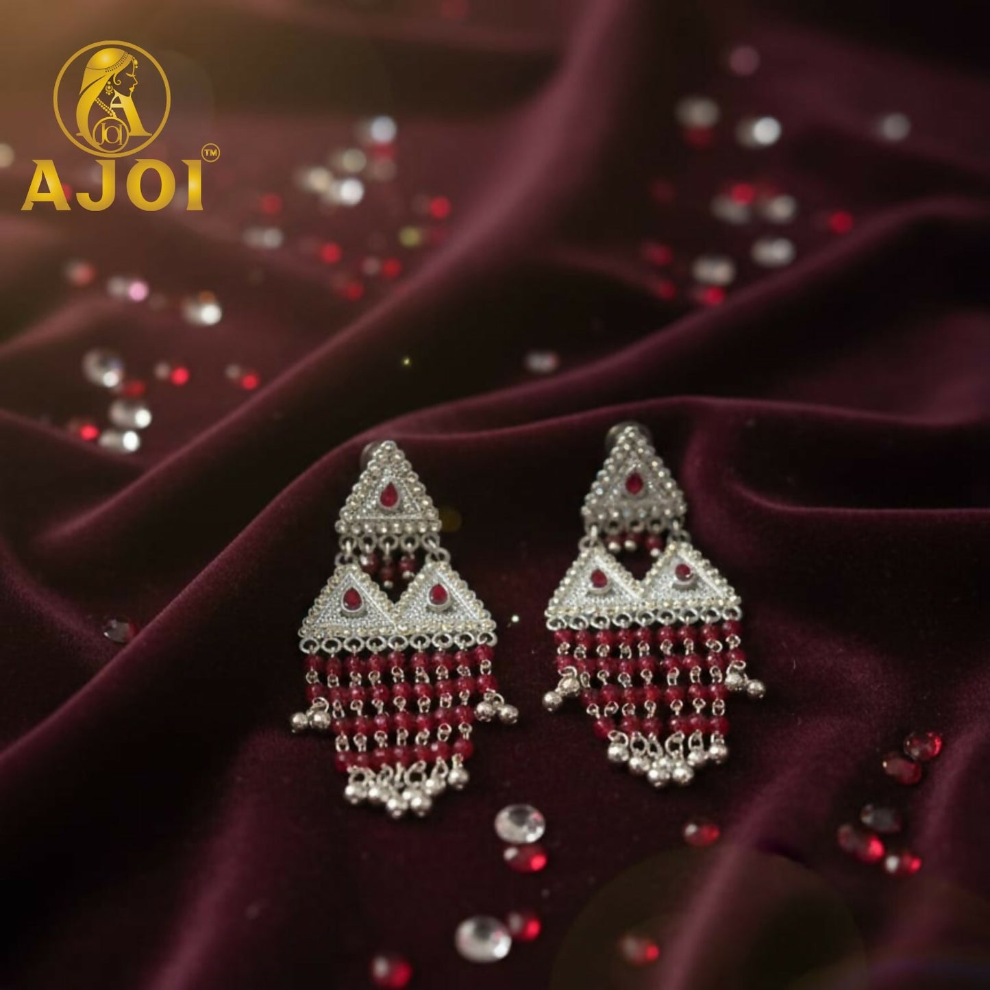 Royal Ruby Red Layered Designer Earrings with Statement Drop and Stone Detailing