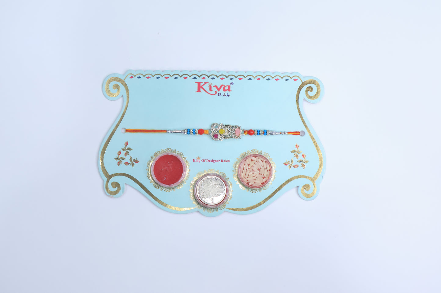 Elegant Silver-Tone Designer Rakhi with Multicolor Beads and Roli Chawal – 1 Pc Pack