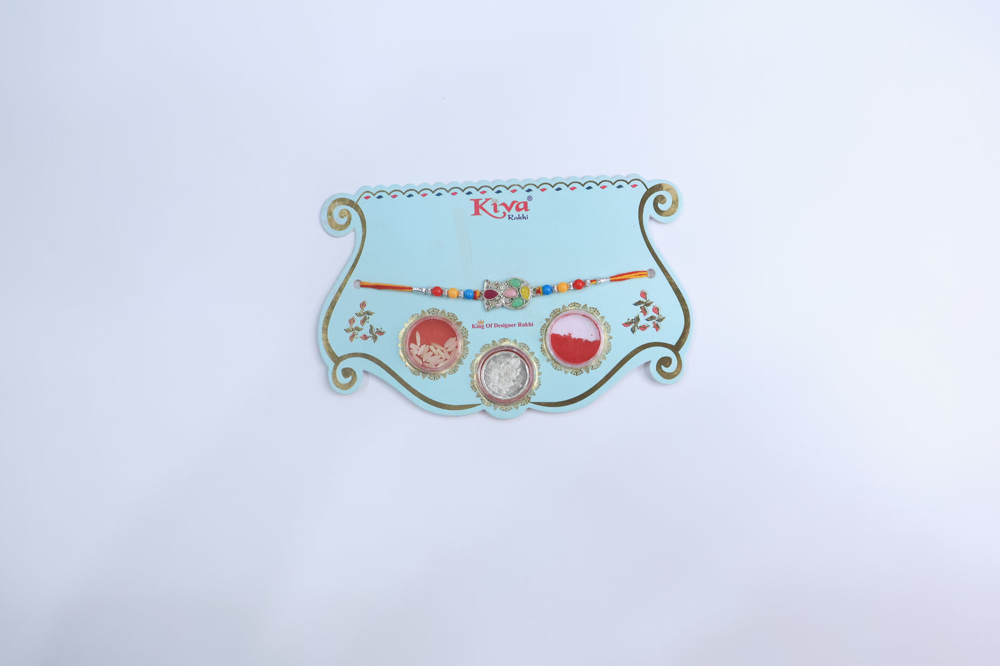 Traditional Multicolor Stone Rakhi with Hand Symbol Centerpiece – Includes Roli Chawal Set