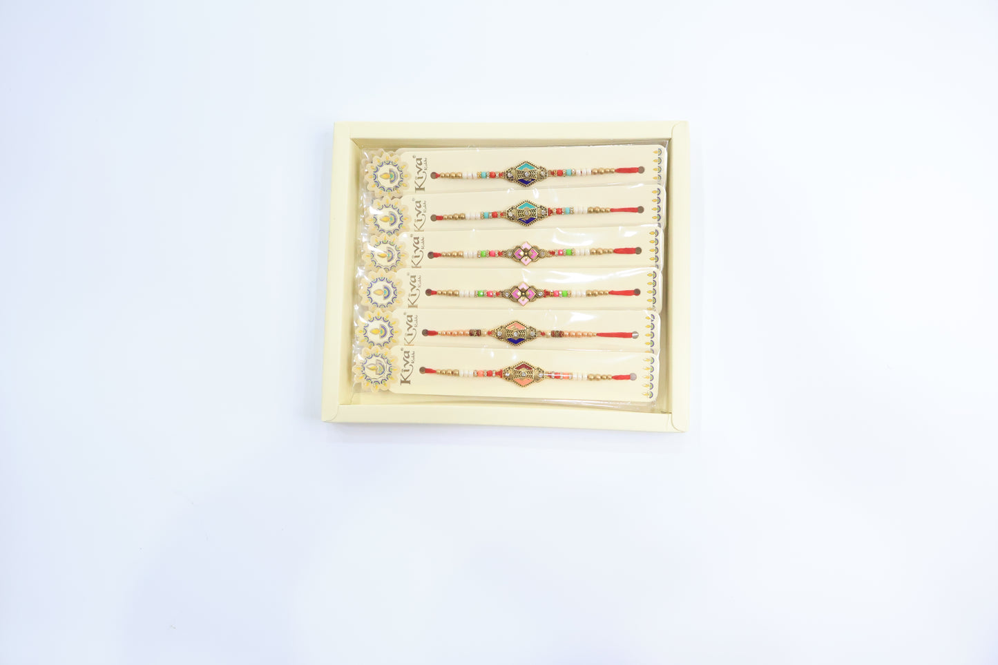 Combo Pack of 12 Geometric Designer Rakhis with Blue-Gold Dial and Multicolor Beaded Threads – Festive Gift Collection