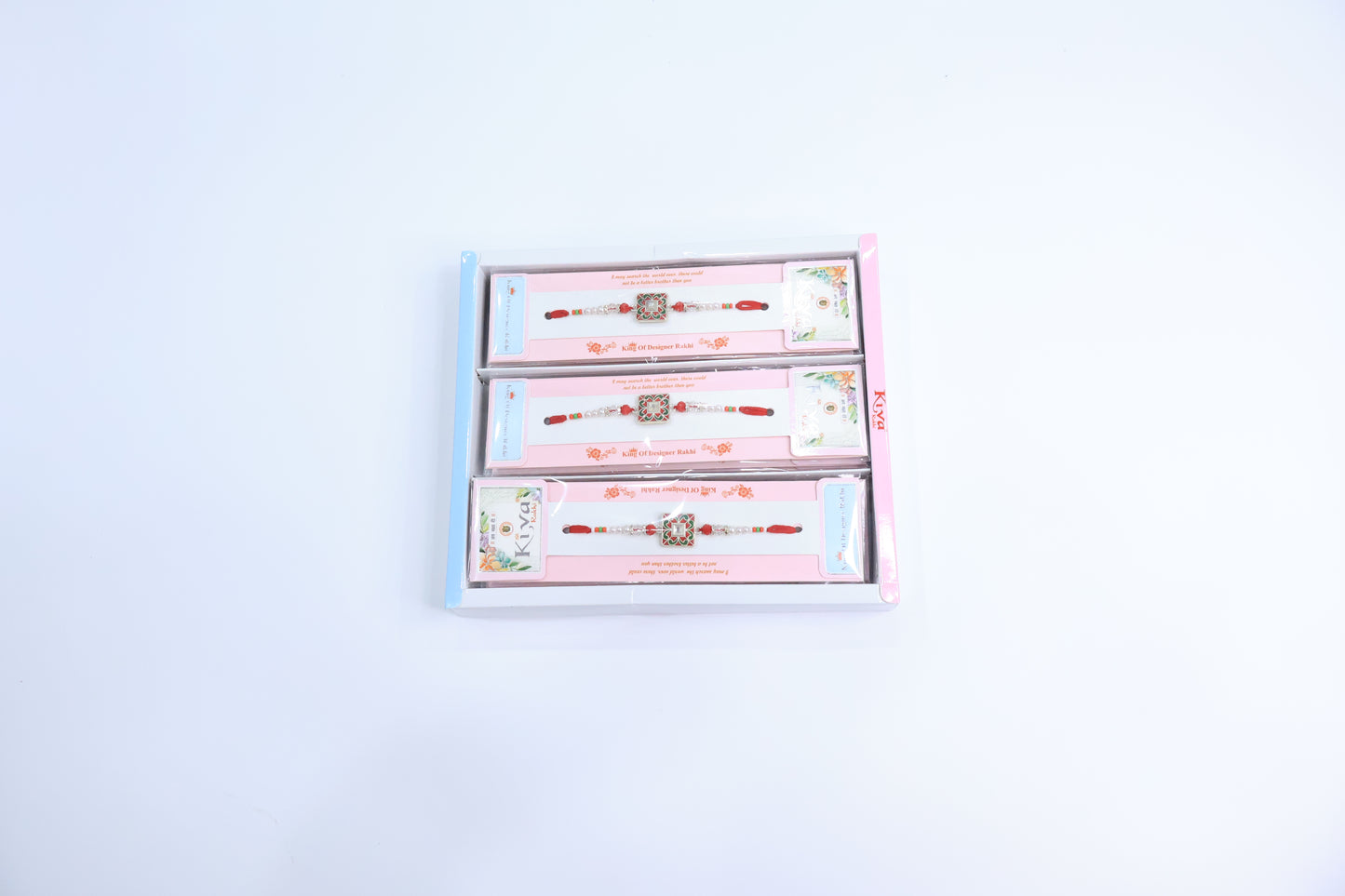 Combo Pack of 12 Designer Rakhis with Red-Green Enamel Square Motif and Pearl Beaded Thread – Premium Festive Gift Box