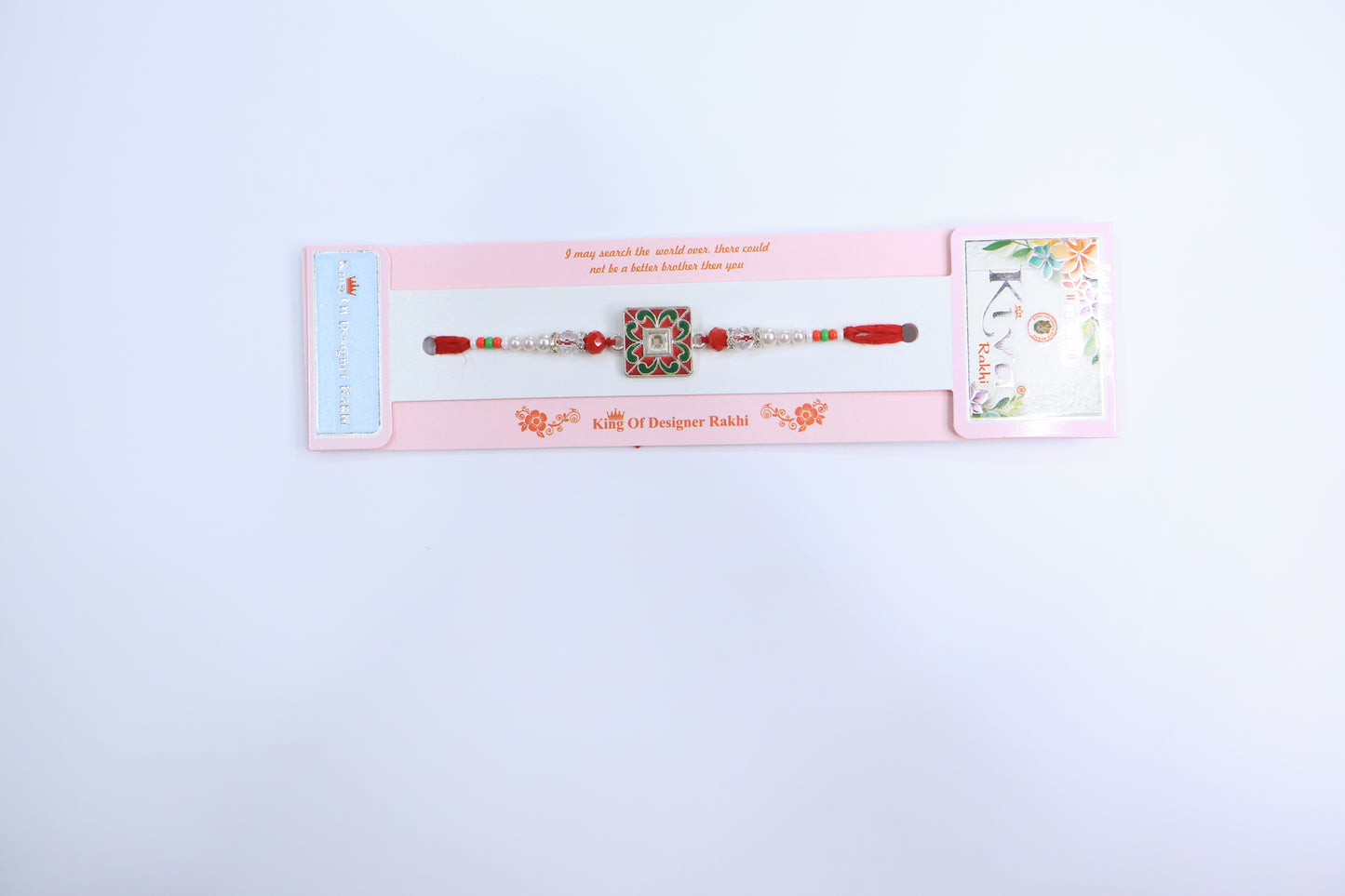Elegant Square Swastik Rakhi with Green & Red Meenakari Work and Pearl Beads – Traditional Designer Thread for Raksha Bandhan