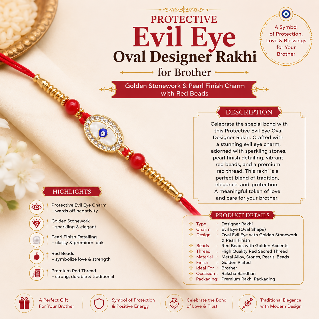 A red thread bracelet with a golden oval evil eye charm, white stones, and red beads is displayed with text descriptions of