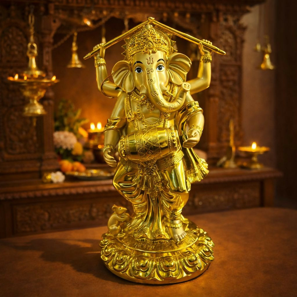 Golden Lord Ganesha Dancing Statue Decorative Idol for Home Temple & Office
