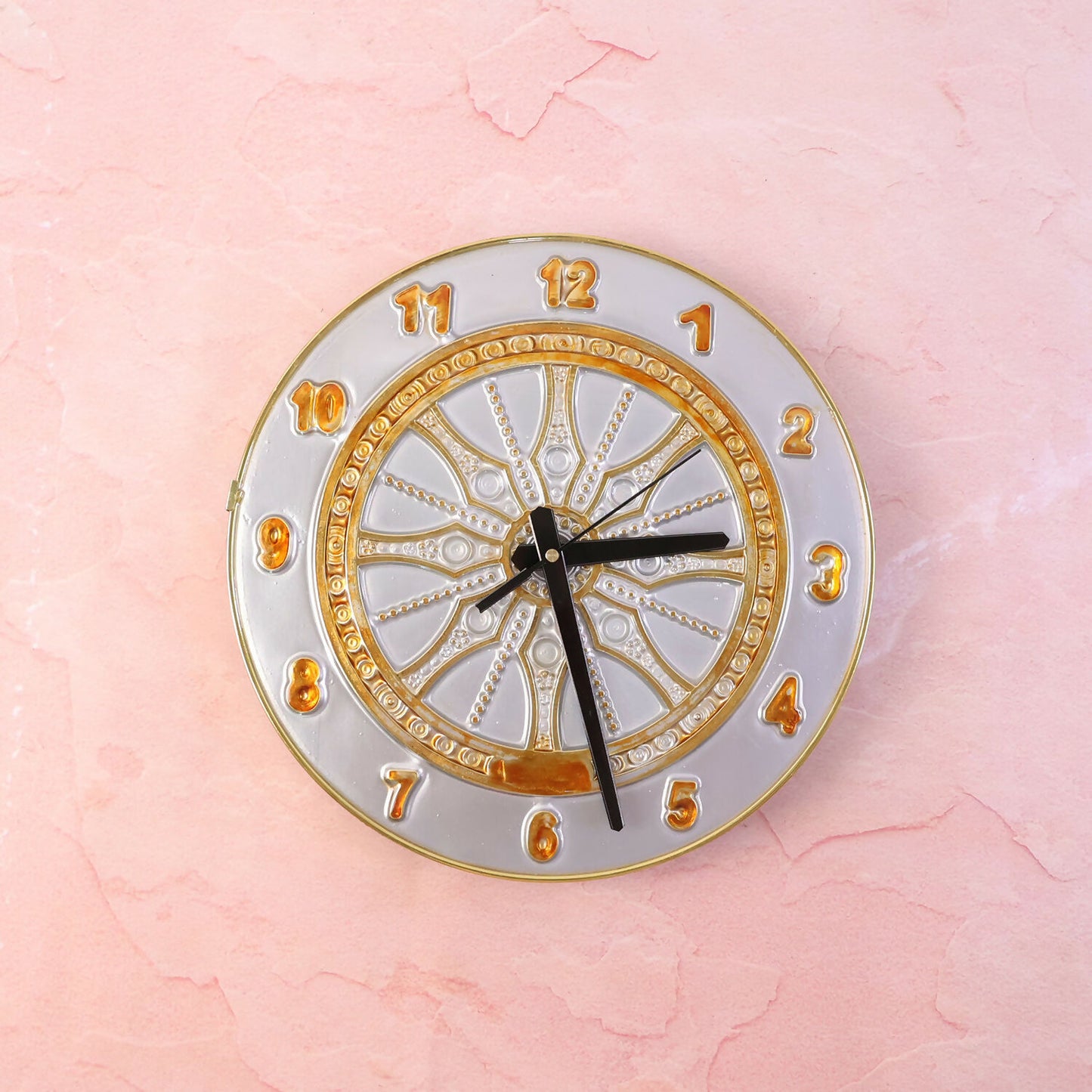 Grey Resin Art Wall Clock with TimeCycle & Mandala Gold Detailing (10x10)