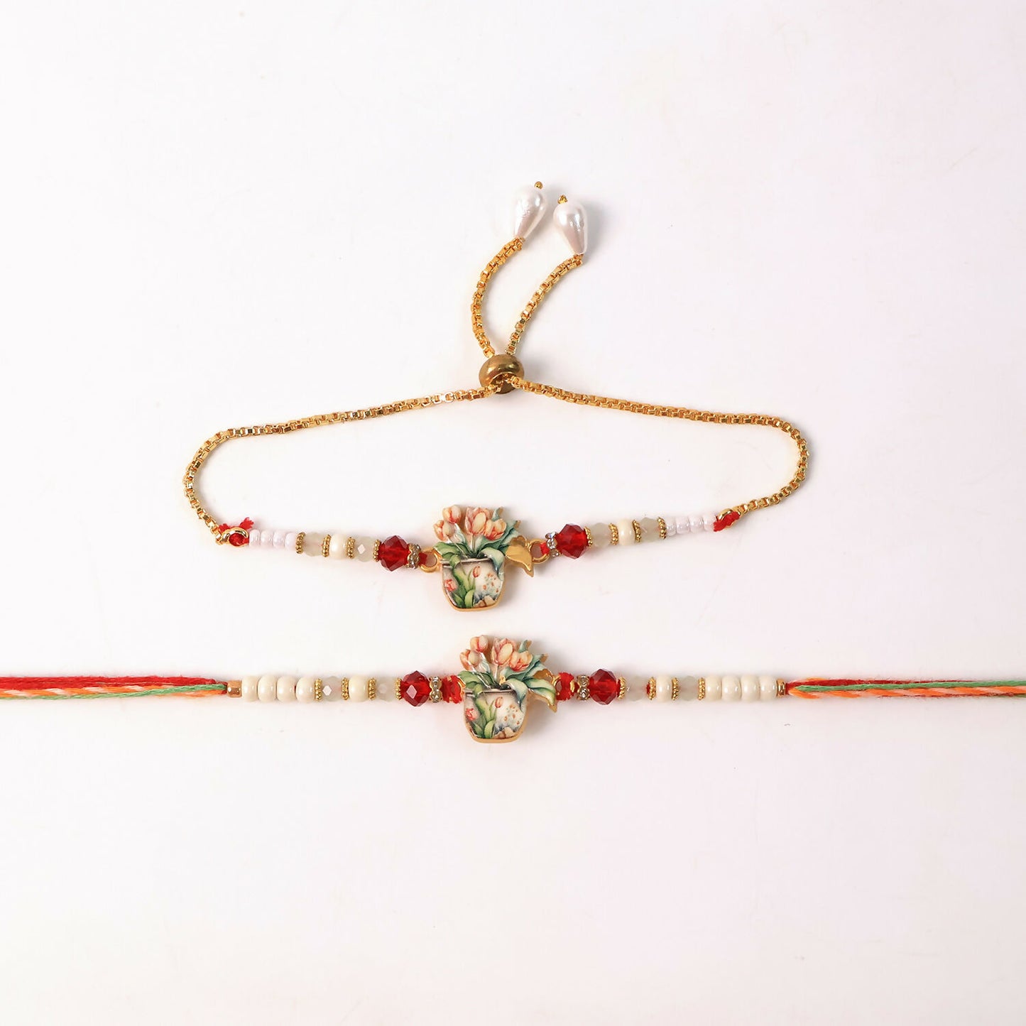 Handcrafted Floral Pot Bhaiya Bhabhi Rakhi Combo