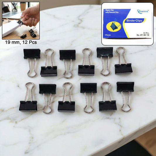 Premium Black Binder Clips Set with Strong Grip for Office, School & Home Use (19mm/12pcs)