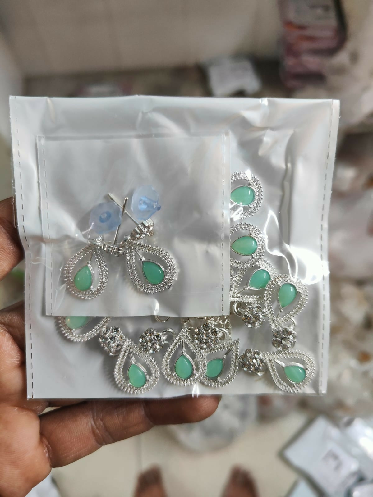 Traditional Pearl Chain with Mint-Green & AD Drop Necklace Set