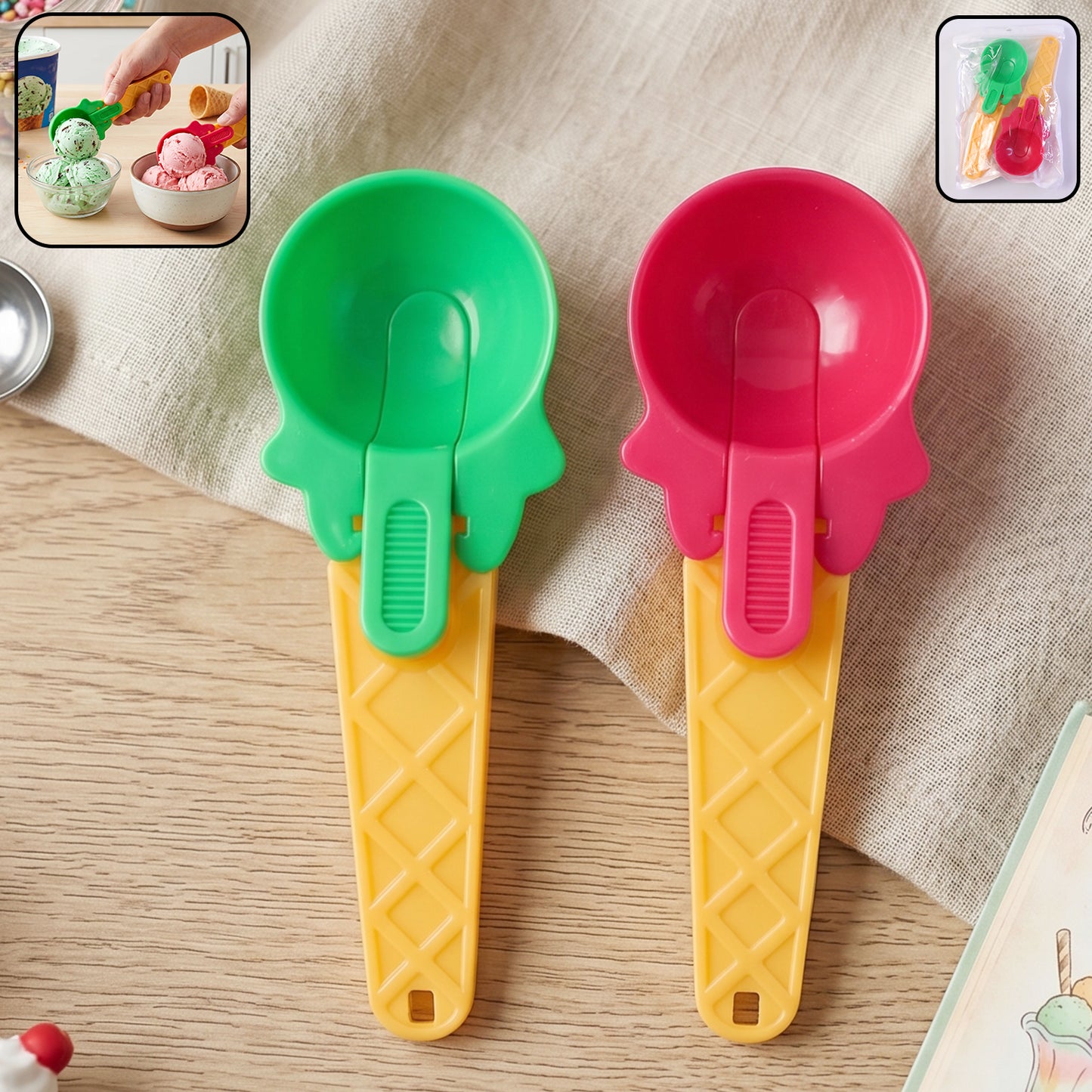 Plastic ice cream scoops on white background
