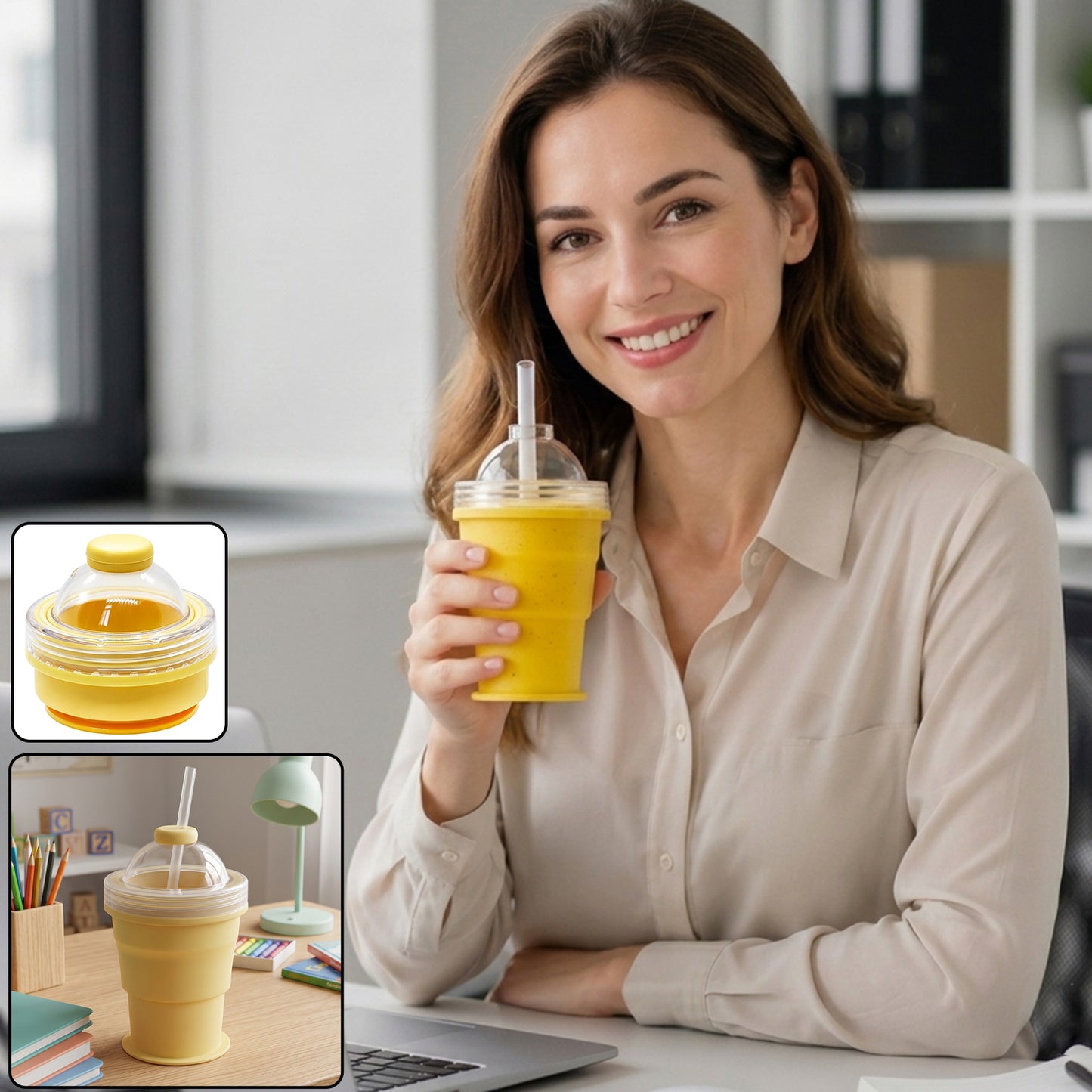 Silicone foldable collapsible travel cup with straw and dome lid