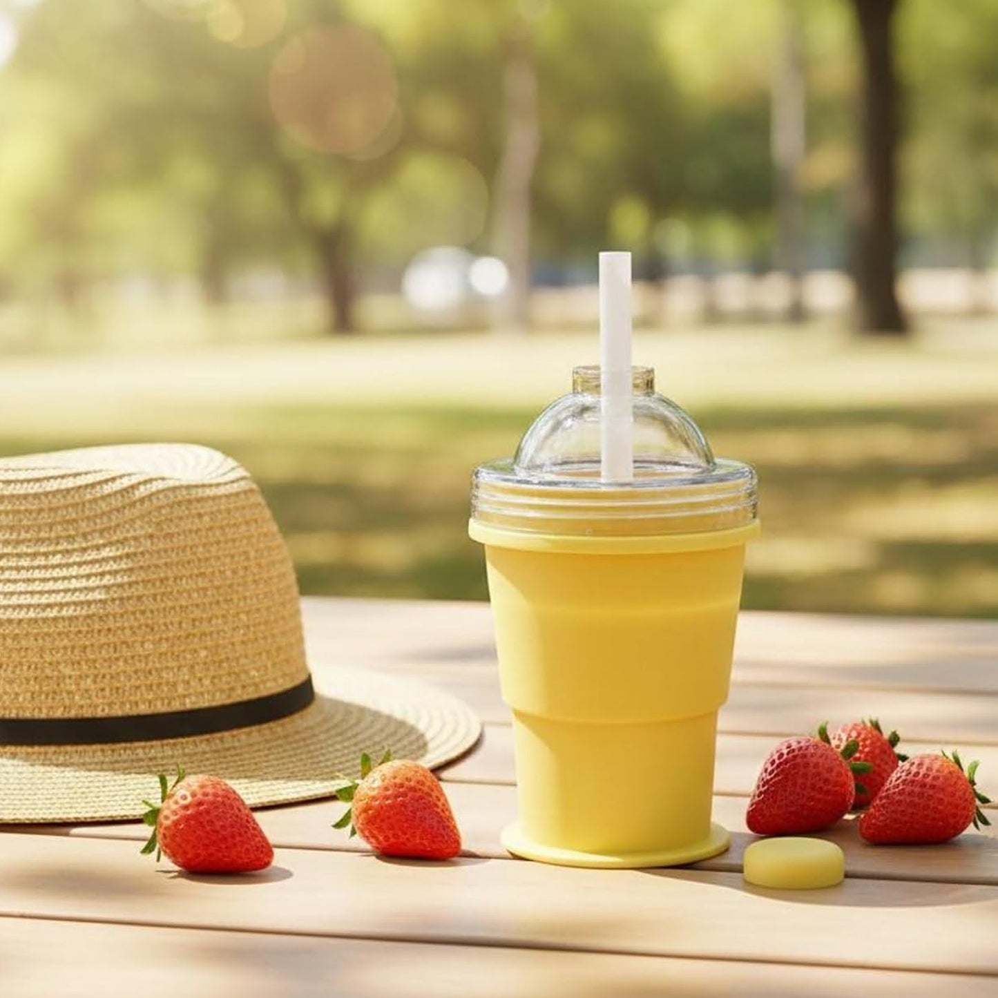 Travel cup filled with an iced drink