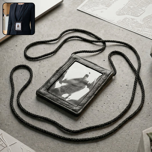 Black leather neck wallet with clear ID window and lanyard for travel and office use