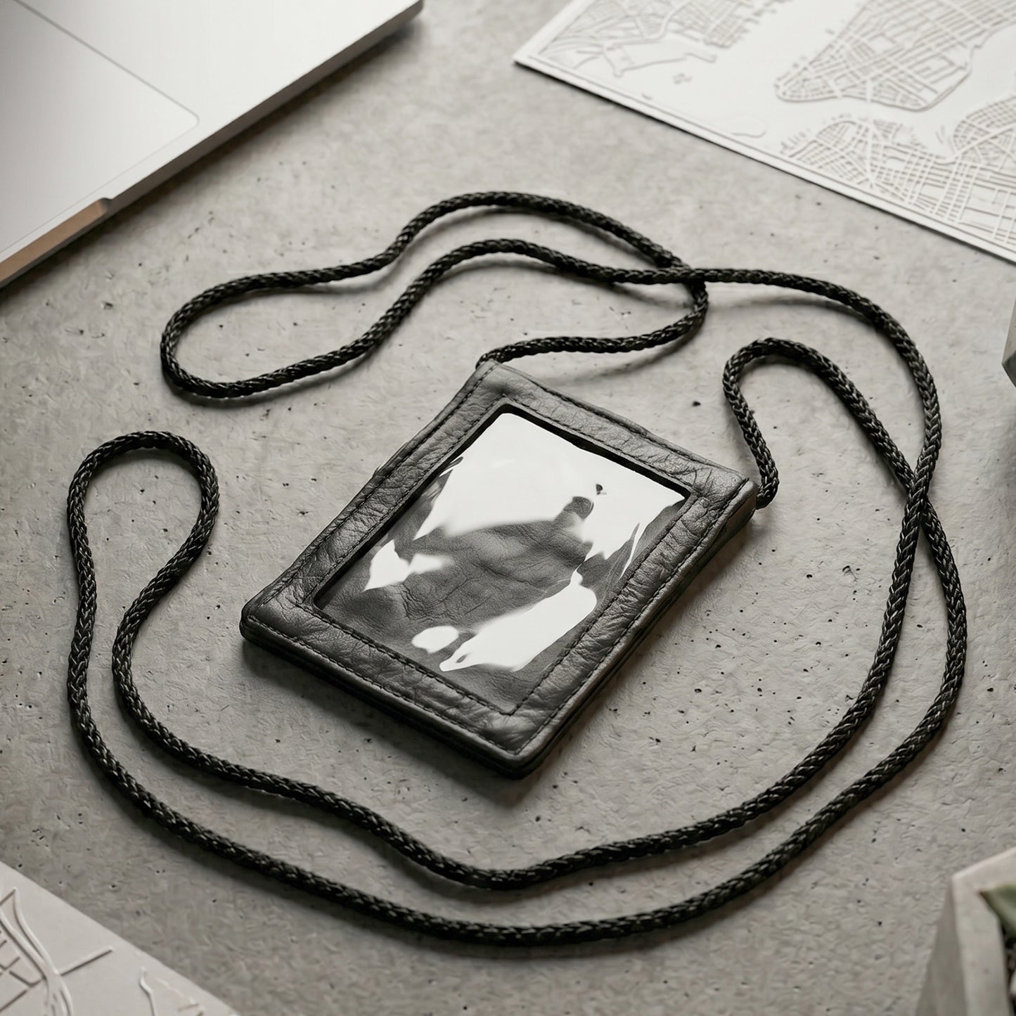 Close-up of the black PU leather neck wallet showing the clear ID window