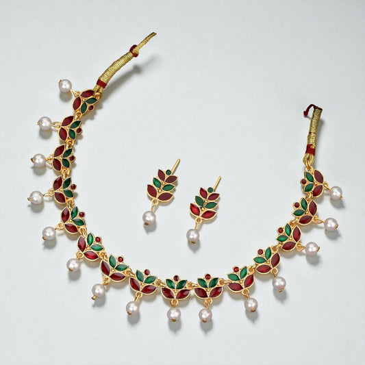 Rose Gold-Tone Bright Red & Green Enamel Lotus Choker Set