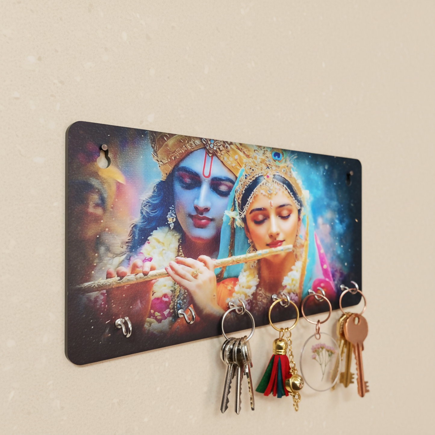 Close-up of the strong metal hooks on Krishna key holder for main door