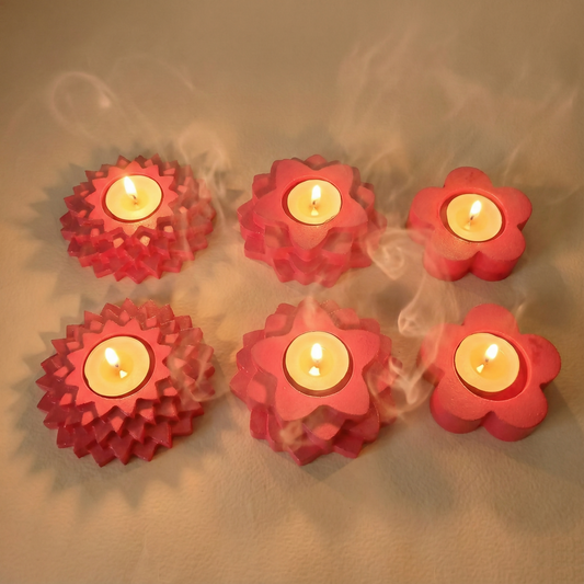 5-Step, 4-Step, Flower shaped combo gypsum articles – Multi-Purpose Candle Holder, Dhoop Cone Stand, Pooja Diya & Mini Planter (Pack of 6 - Rose Gold, Metallic Pink)
