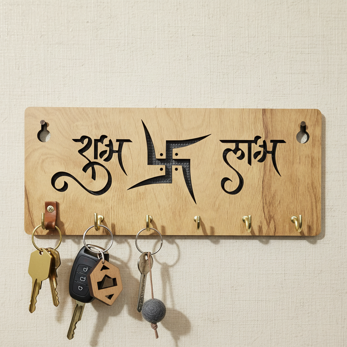 Shubh Labh Wooden Key Holder for Wall| Vastu Swastik Design Key Stand | Decorative Key Hanger for Home Entrance & Office
