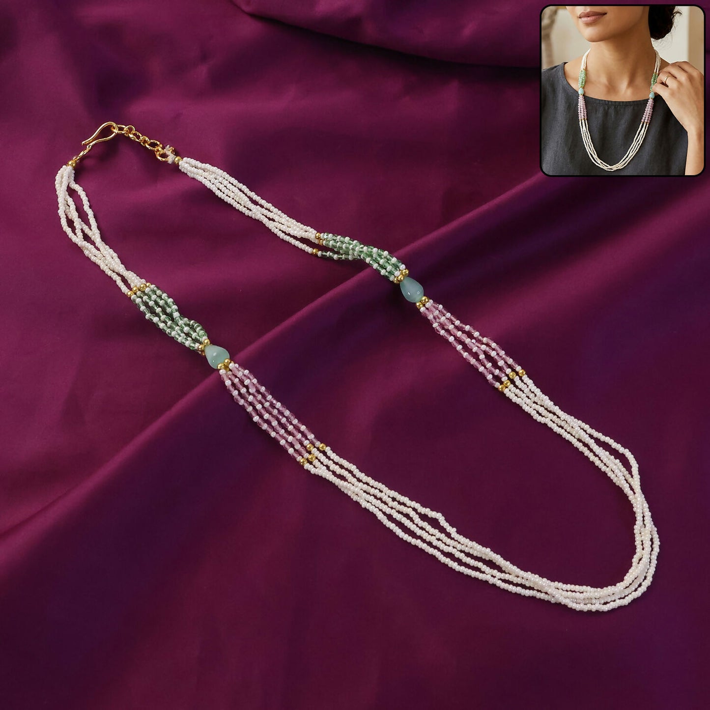 Elegant handmade layered mala necklace with pastel beads