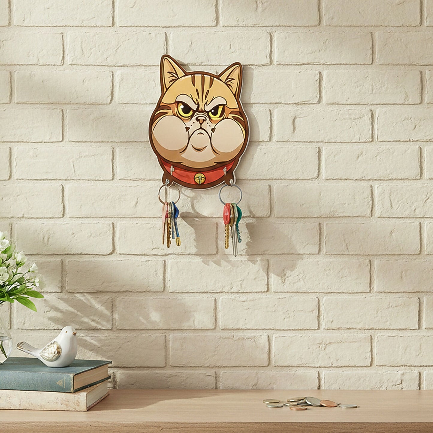Cute Cartoon Cat Wooden Key Holder Wall Mounted Decorative Key Rack for Home Entrance