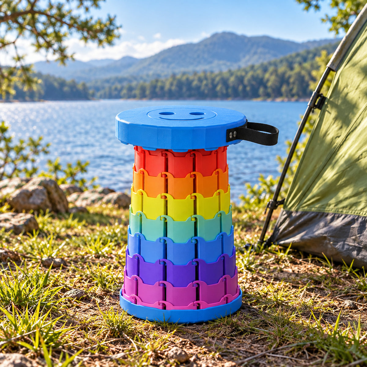Rainbow Telescopic Folding Stool with Carry Strap, Portable Camping Seat (1 Pc)