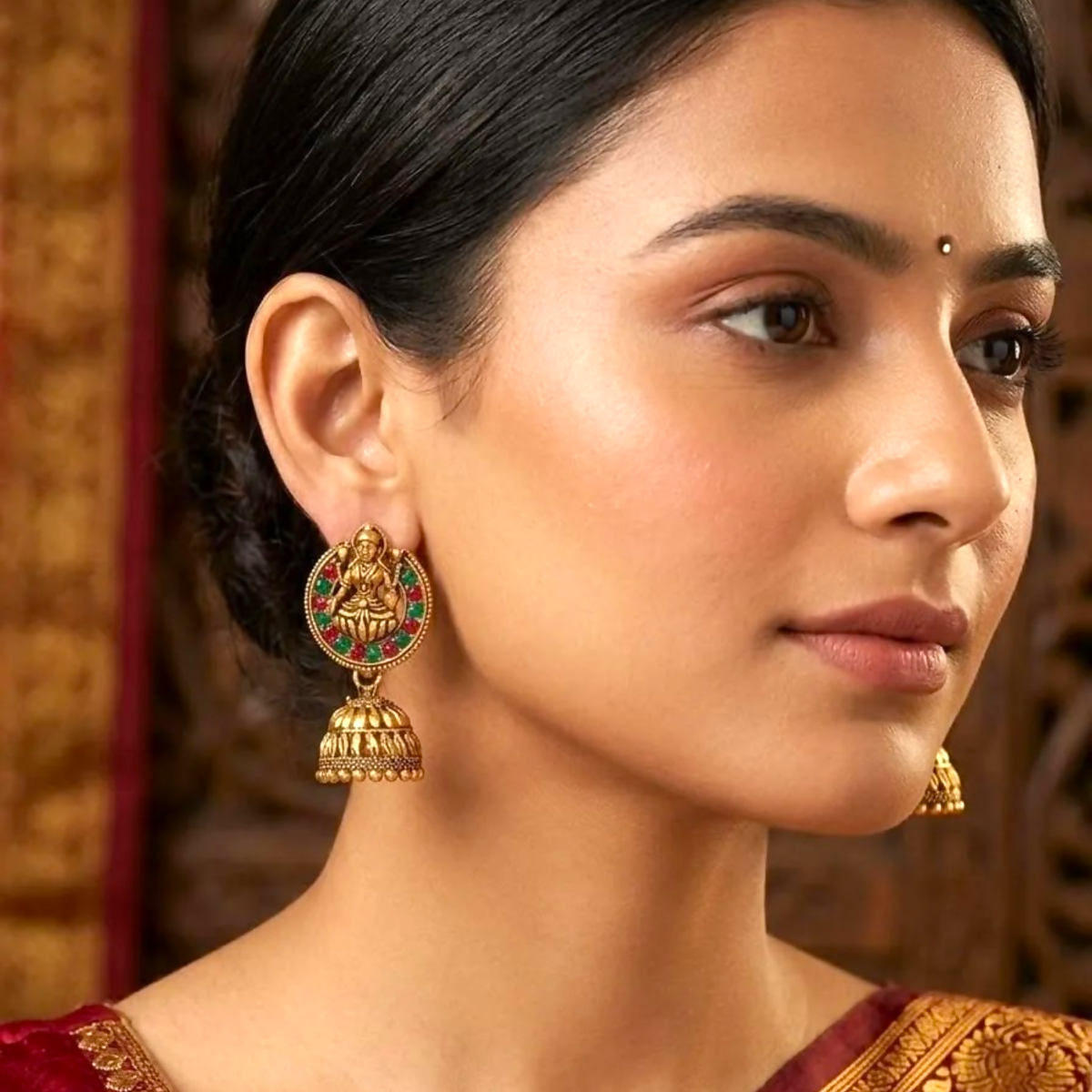 A woman models one gold-toned jhumka earring with a goddess figure and colorful stones on her ear.