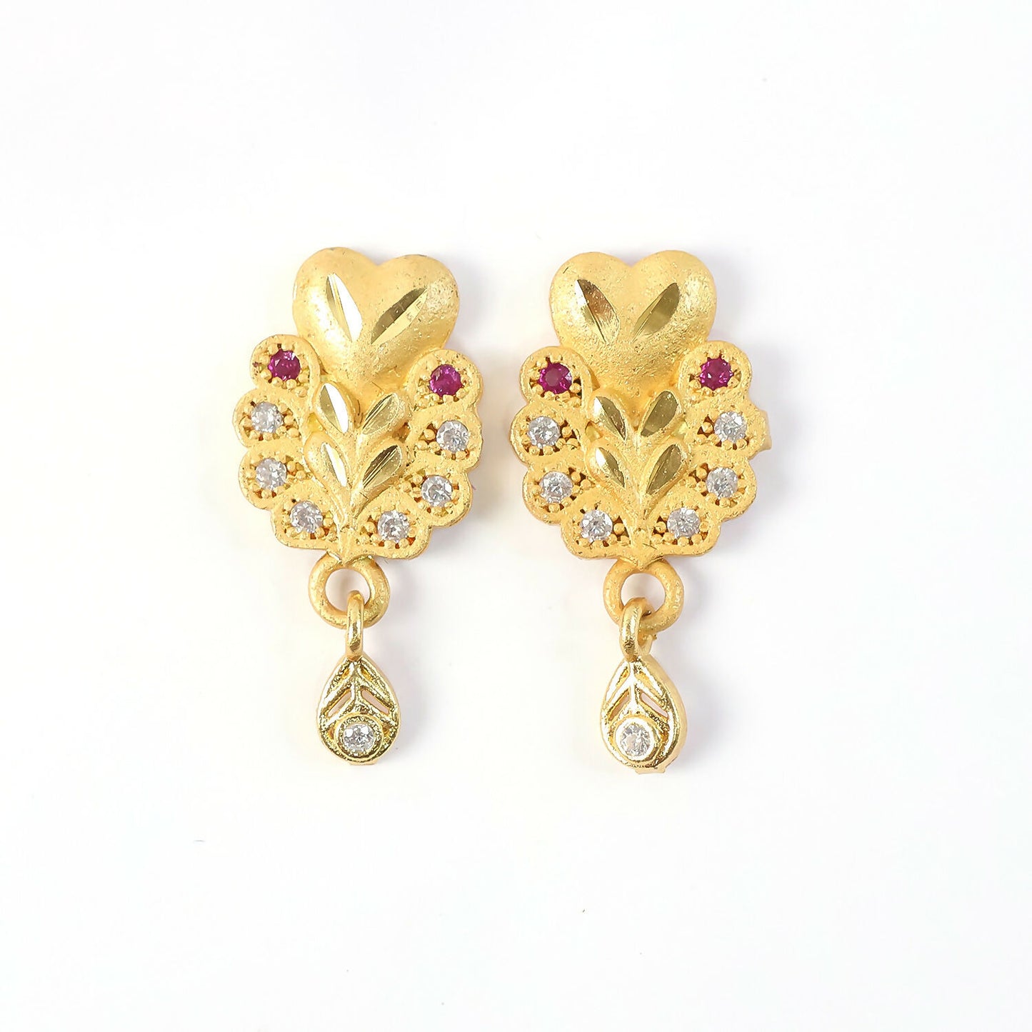 Floral Inspired Gold Stud Earrings With Central Stone And Teardrop Dangle Detail