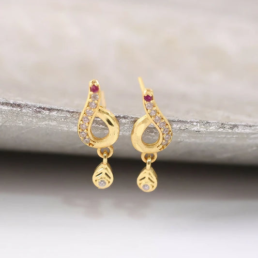 Minimal Curved Leaf Gold Earrings With Crystal Line Work And Small Drop Detailing