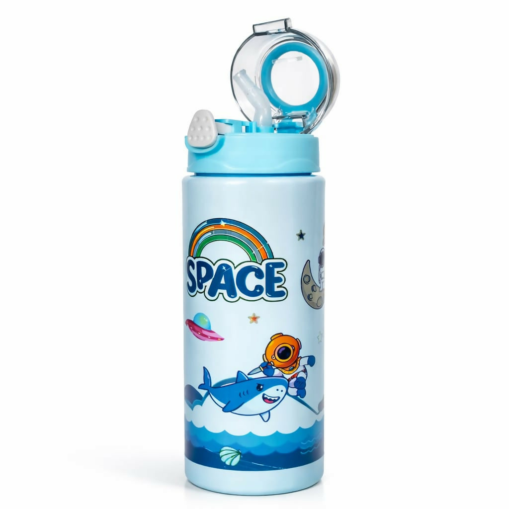 Unicorn themed kids water bottle showing flip-top lid