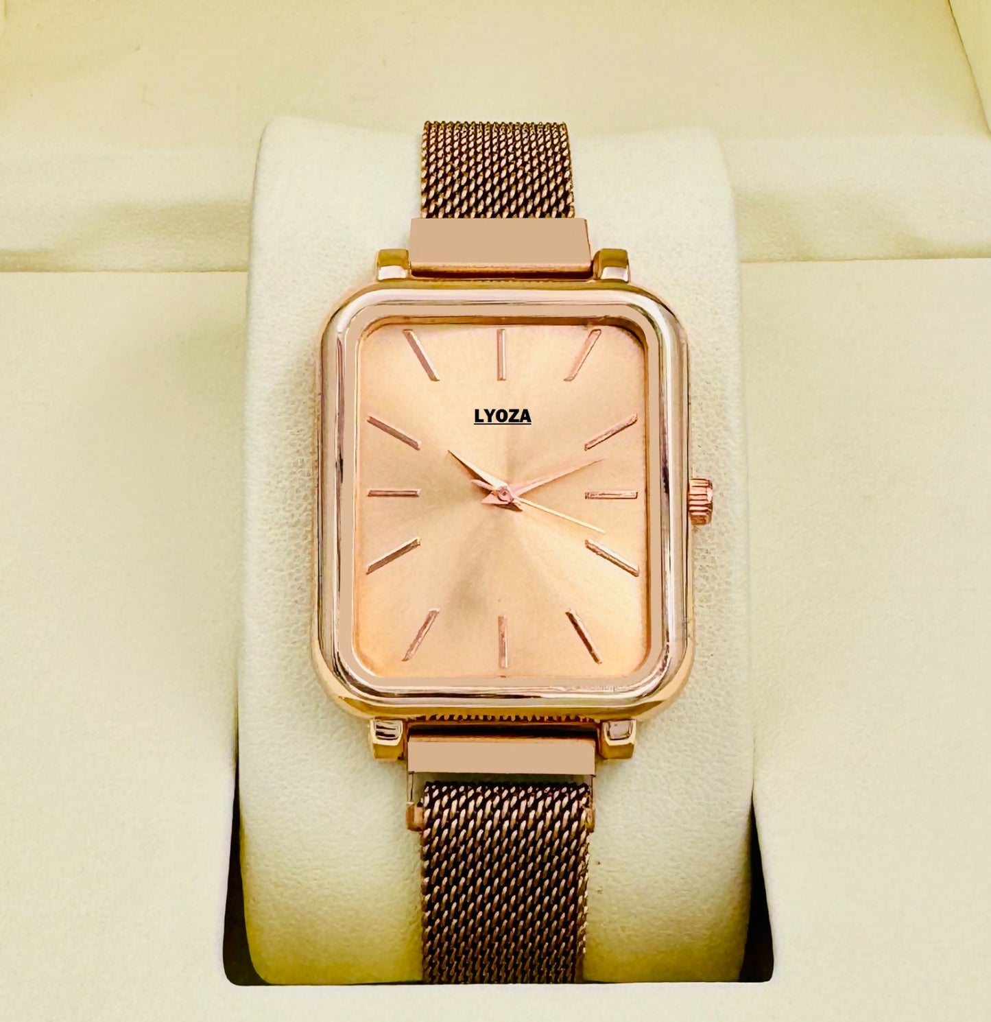 Gold Square Analog Watch with Mesh Strap