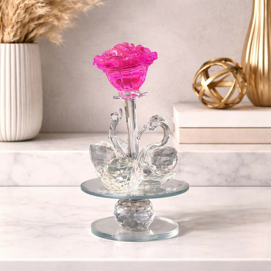Crystal Rose Flower Showpiece with Swan Design for Home & Table Decor