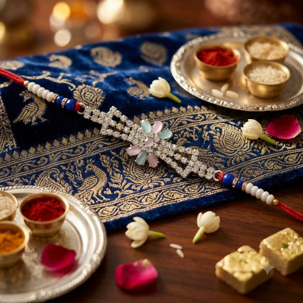 The ornate Rakhi with colorful beads and red thread is displayed on a blue patterned cloth with small bowls of powders and