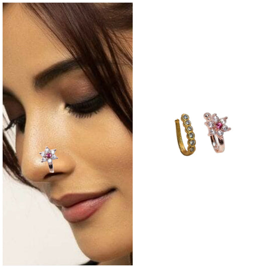 2 Pcs Non-Piercing CZ Nose Clip Set - Flower & Pave Hoop