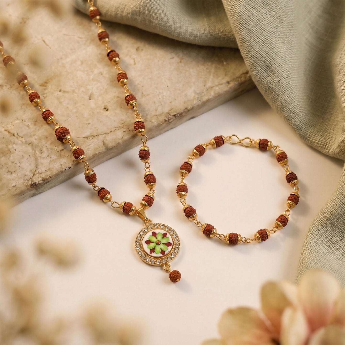 Rudraksha Necklace & Bracelet Set with Floral Pendant