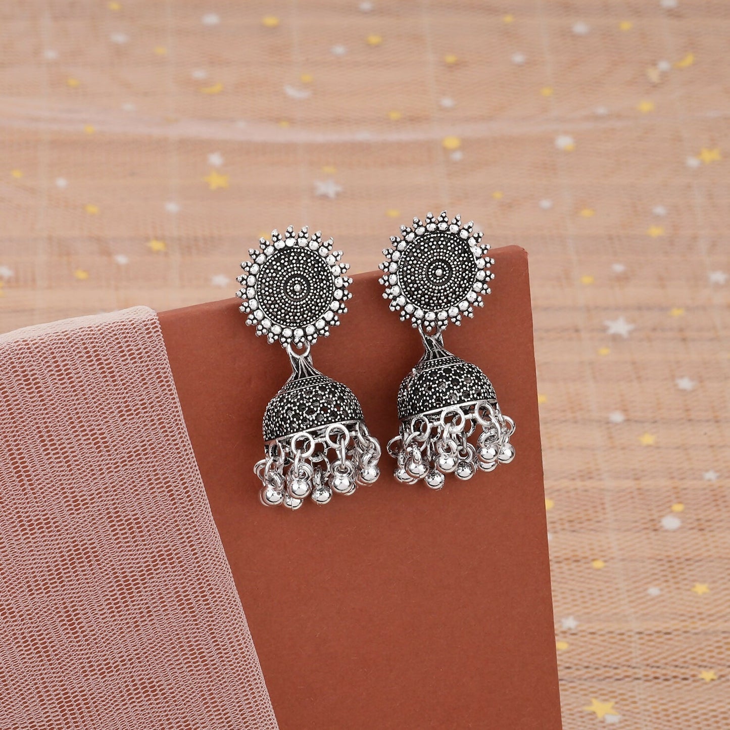 Classic oxidised Silver Jhumka Earings With Round Stud