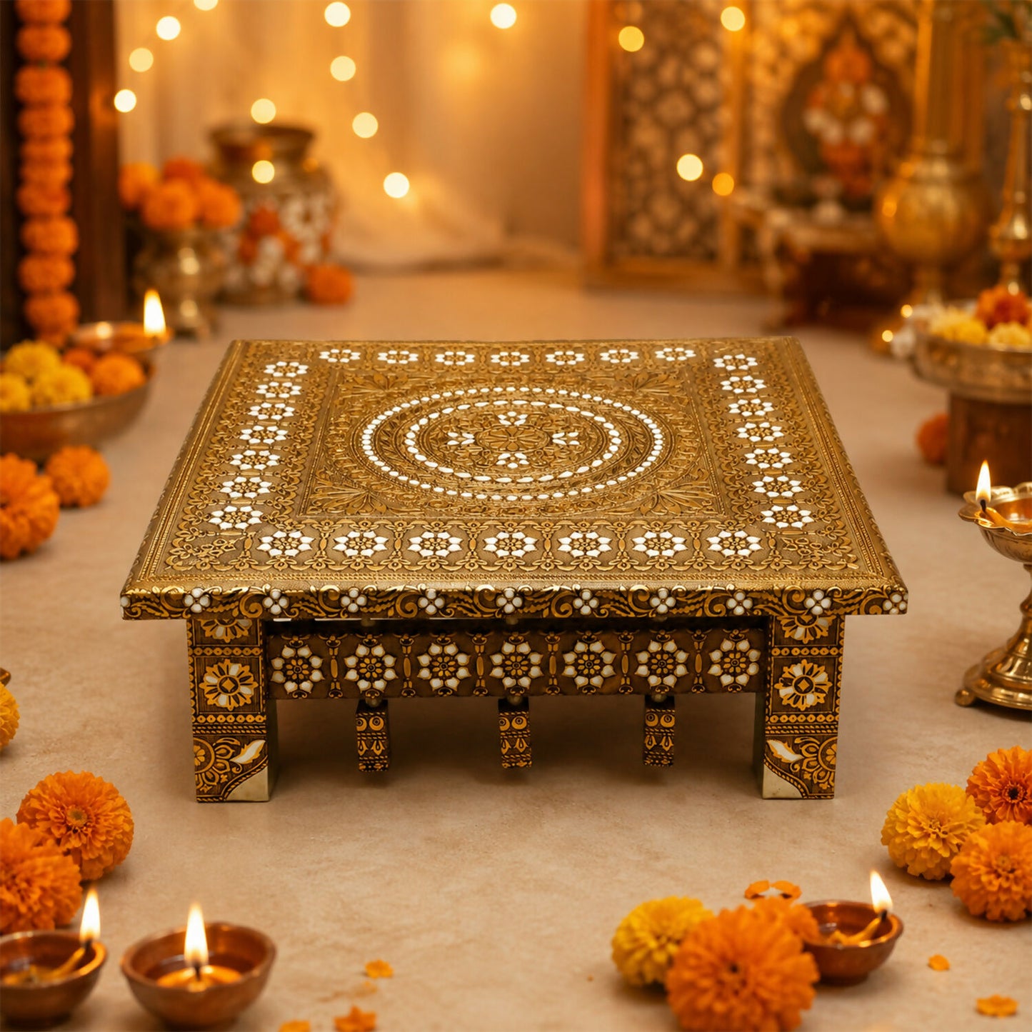 Top-down view of the Gold Meenakari Pooja Chowki, showcasing its detailed circular design.