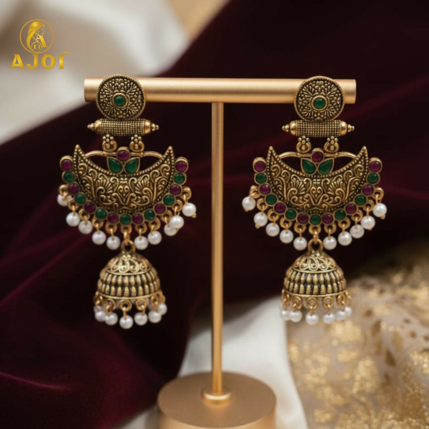 Premium Antique Gold Chandbali Jhumka Earrings