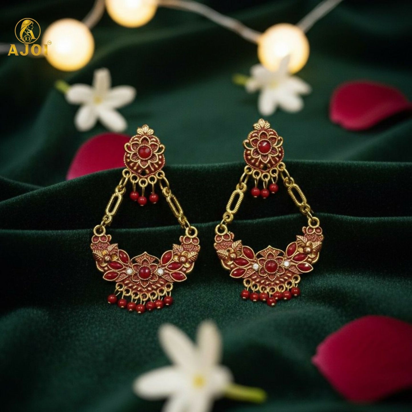 Antique Gold-Plated Red Stone Floral Chandbali Earrings for Women