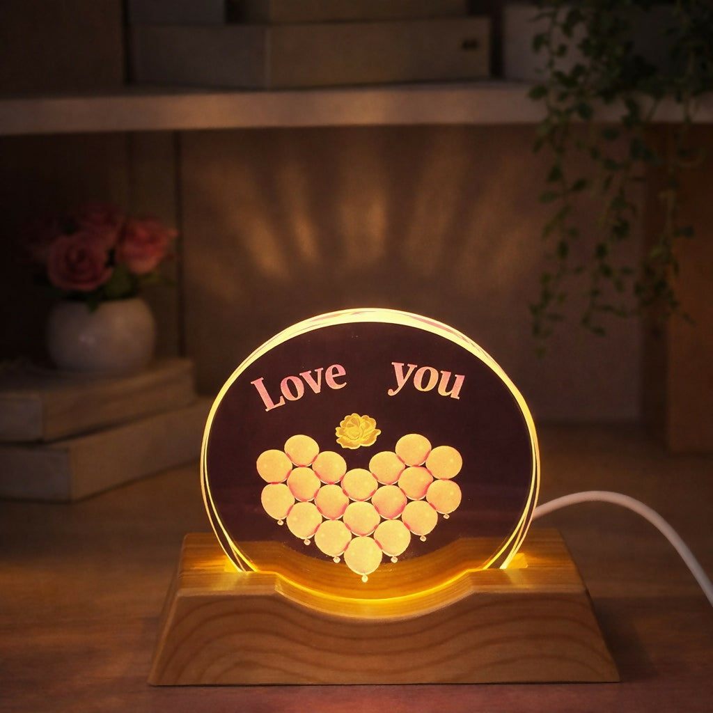 Love You Acrylic LED Lamp with Wooden Base Romantic Heart Gift Light