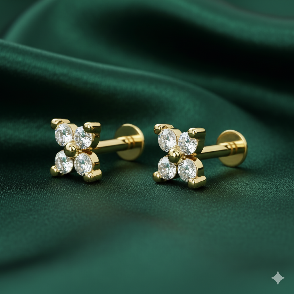 Gold plated AD Flower Flat Back Nosepin Stud Combo Pack of 2