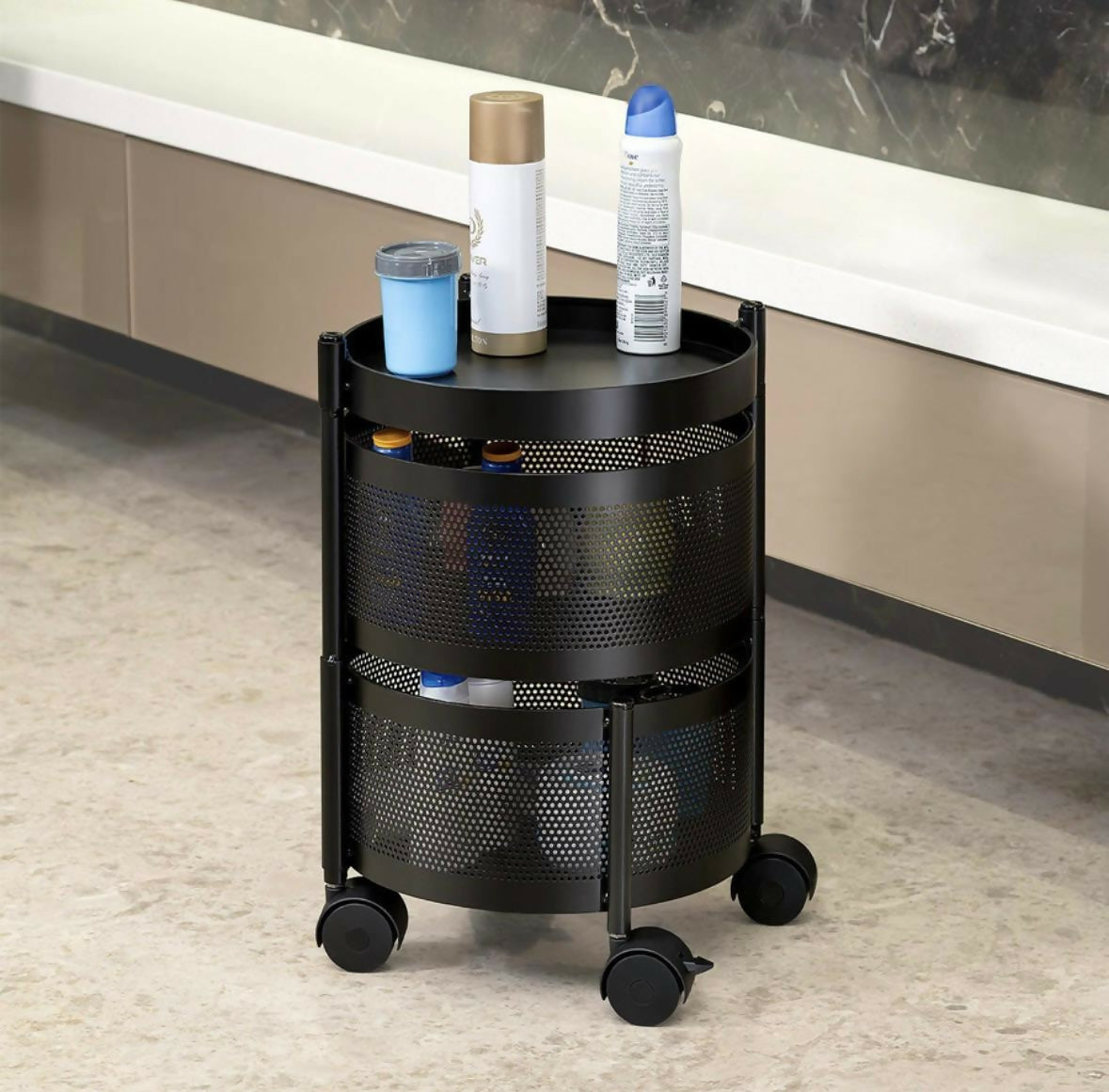 Compact Round 2-Layer Kitchen Trolley with Ventilated Mesh Baskets & Four Swivel Wheels