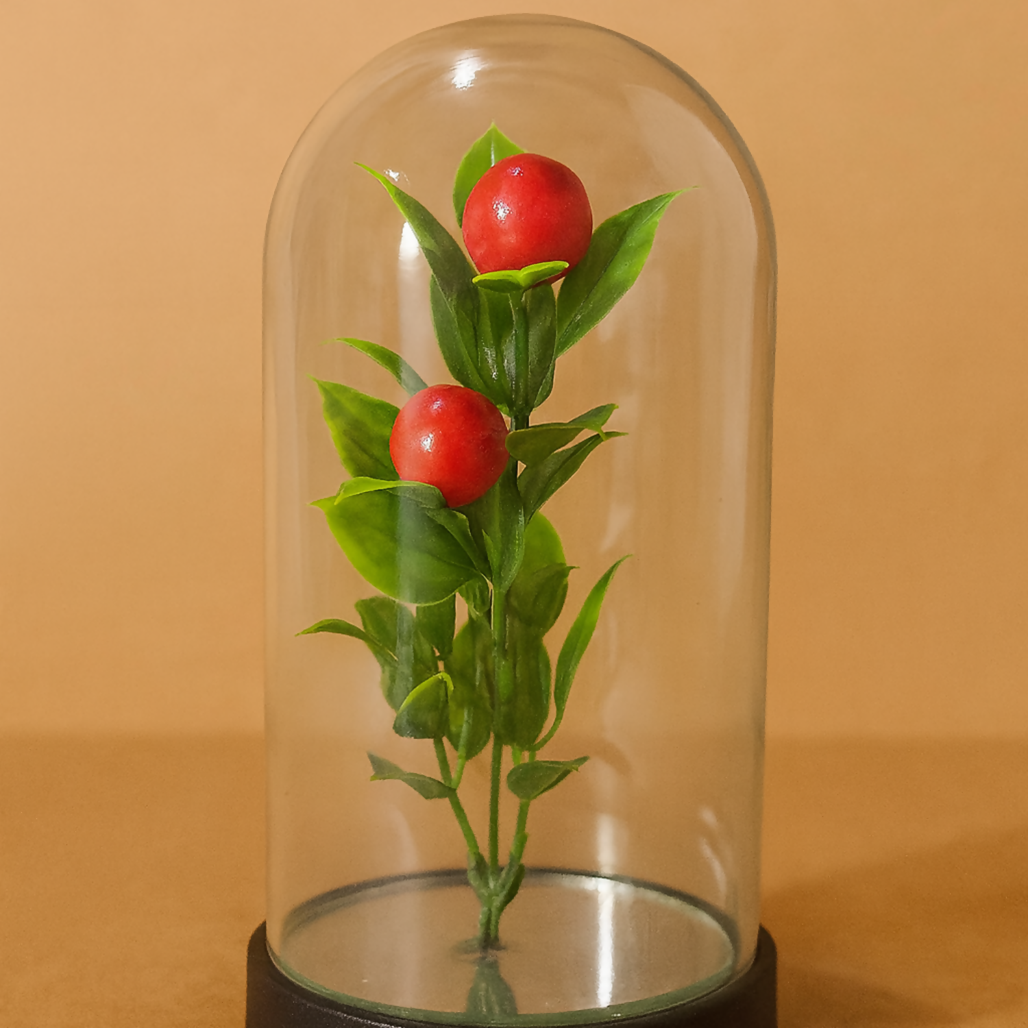 Decorative Glass Dome LED Fairy Light Plant Showpiece – Artificial Pomegranate Stem with Warm Lights – Battery Operated Tabletop Home Décor, Desk Night Lamp for Living Room, Bedroom, Café, and Gift