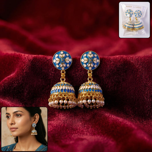 Blue round stud jhumka earrings with pearl hanging, front view