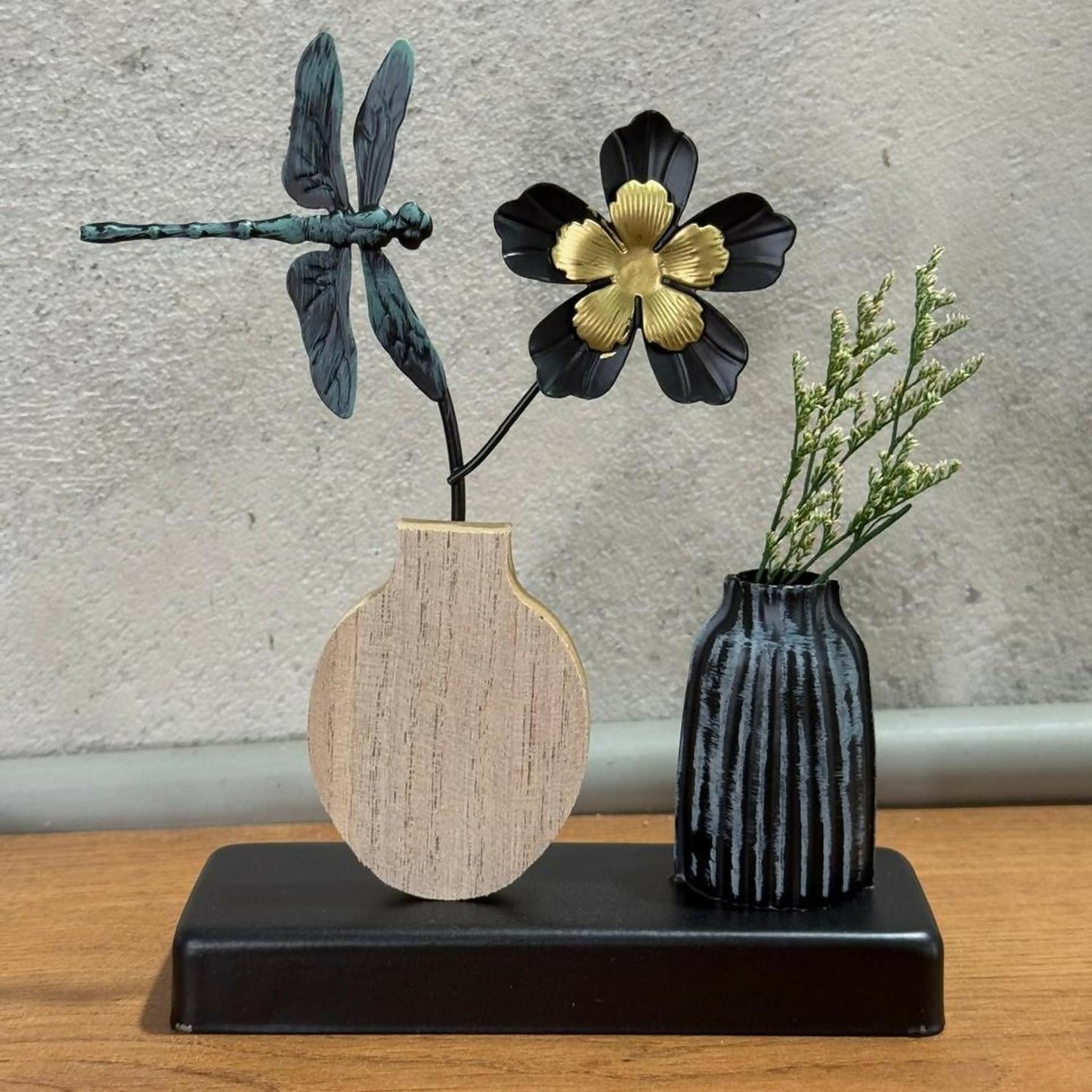 Decorative Metal Dragonfly & Flower Showpiece with Wooden Base – Black & Gold Artificial Flower Vase with Side Pot, Modern Tabletop Home Décor for Living Room, Bedroom, Office & Gift Purpose
