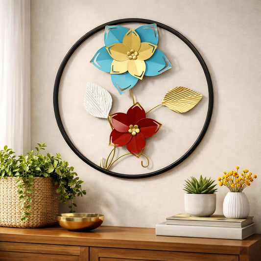 Colorful metal floral wall art round frame decorative hanging