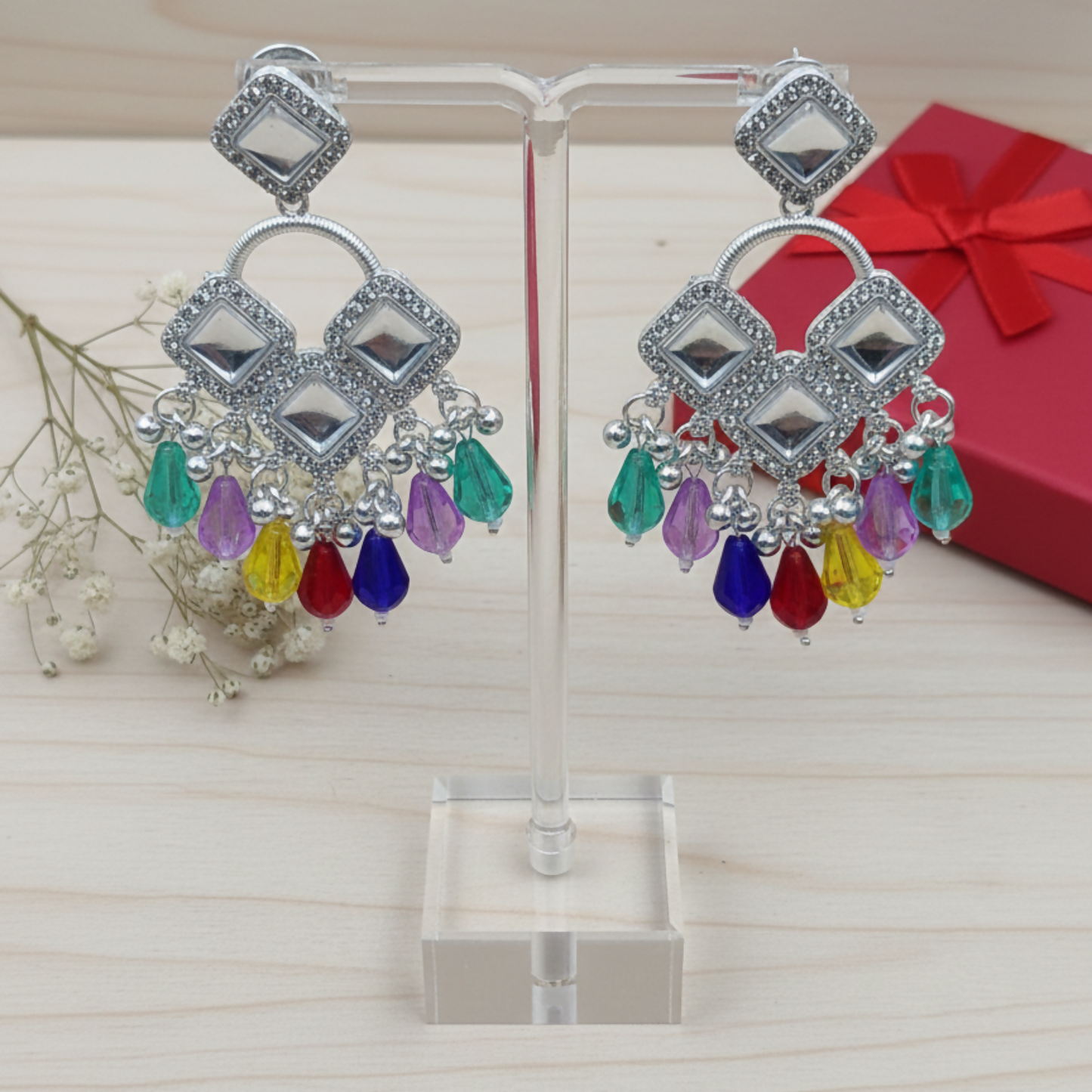 Elegant Silver Plated Chandelier Earrings Featuring Square Crystals and Multi Teardrop Beads