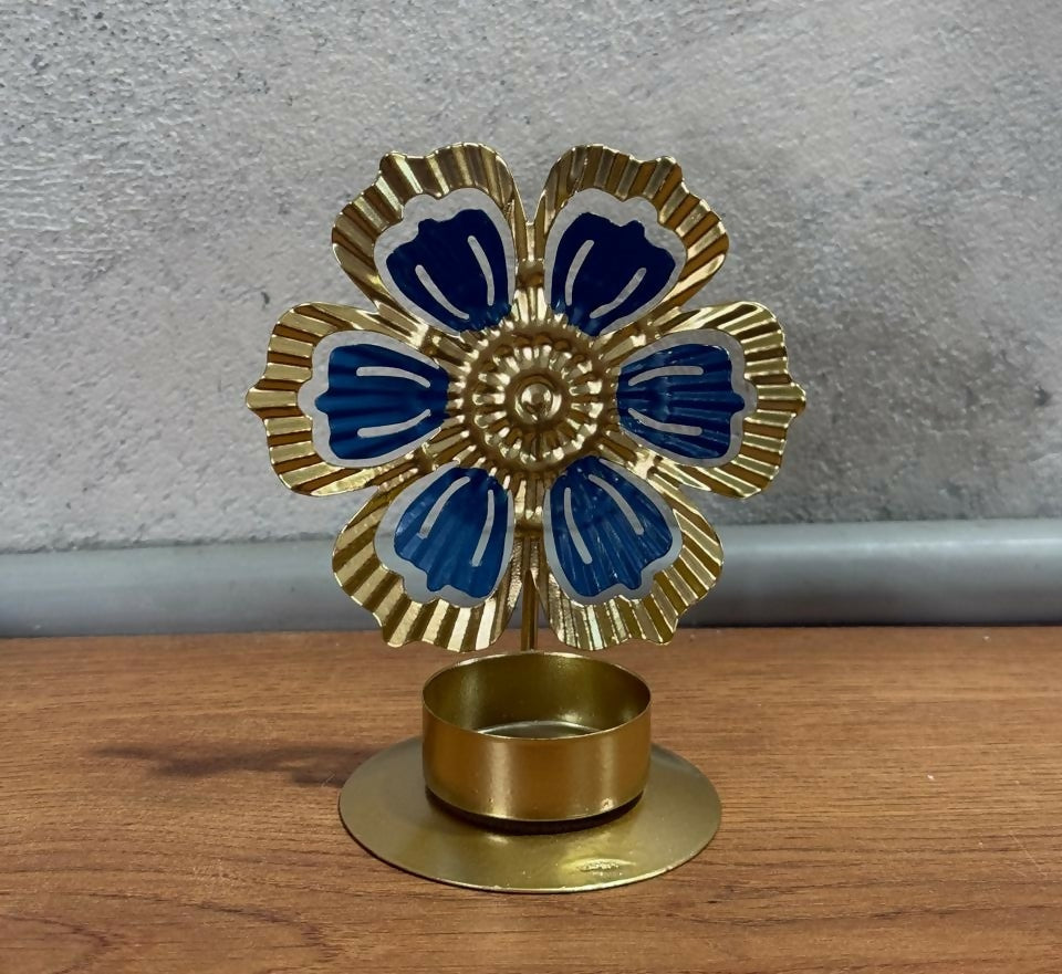 Luxury Golden Metal Flower Tealight Candle Holder with Blue Petal Design – Decorative Tabletop Flower Shape T-Light Stand for Home Décor, Living Room, Festive Decoration, Pooja & Gifting