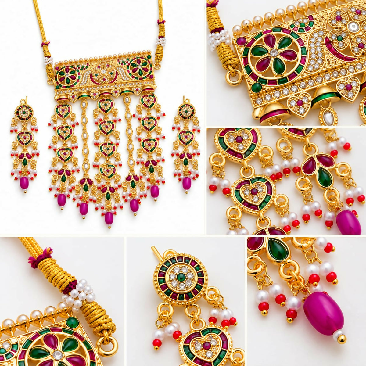 A collage of five close-up views of the golden-tone necklace and earrings, highlighting the intricate details of the design.