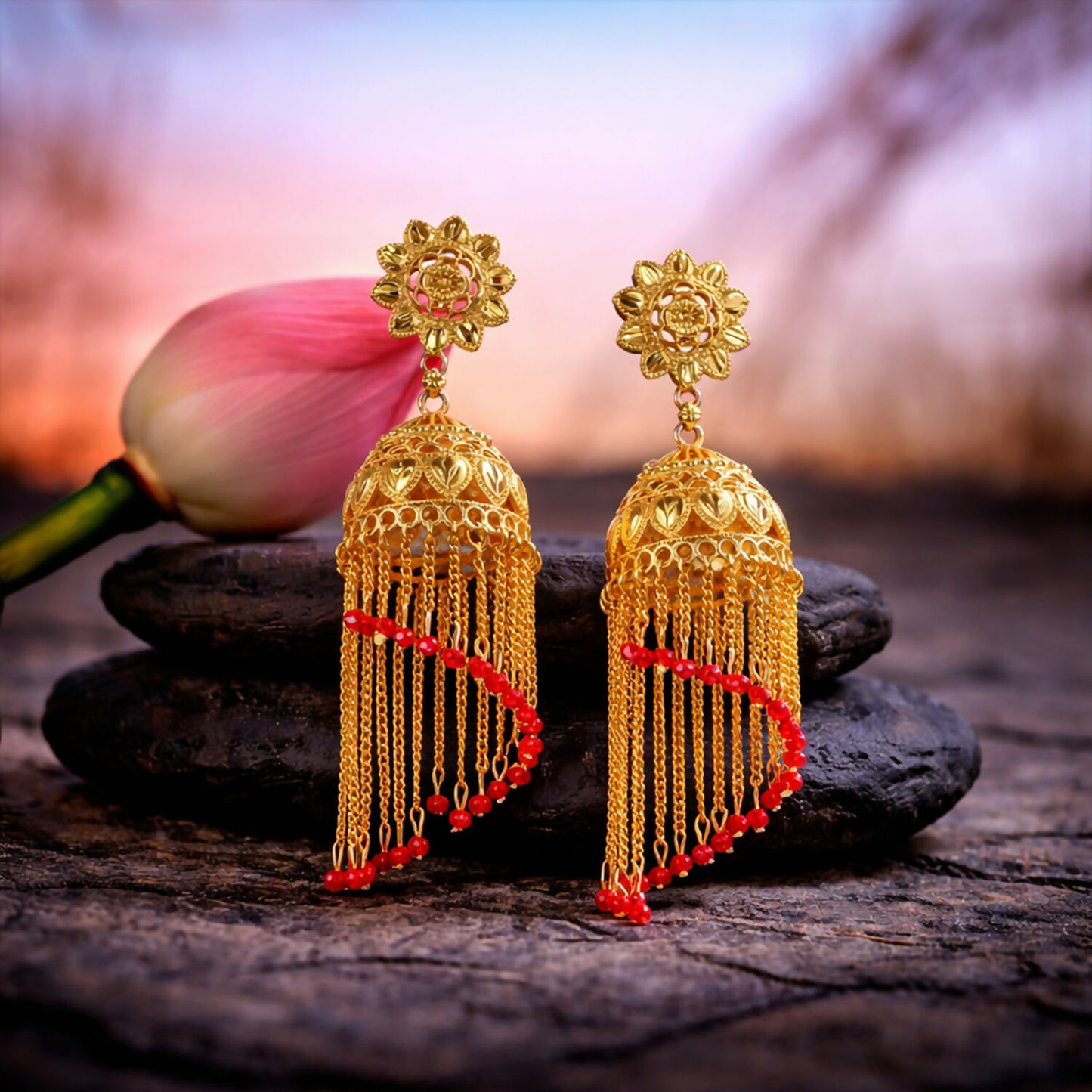 Traditional Gold Tone Double Jhumka Drop Earrings Floral Stud Ethnic Dangle Earrings for Women