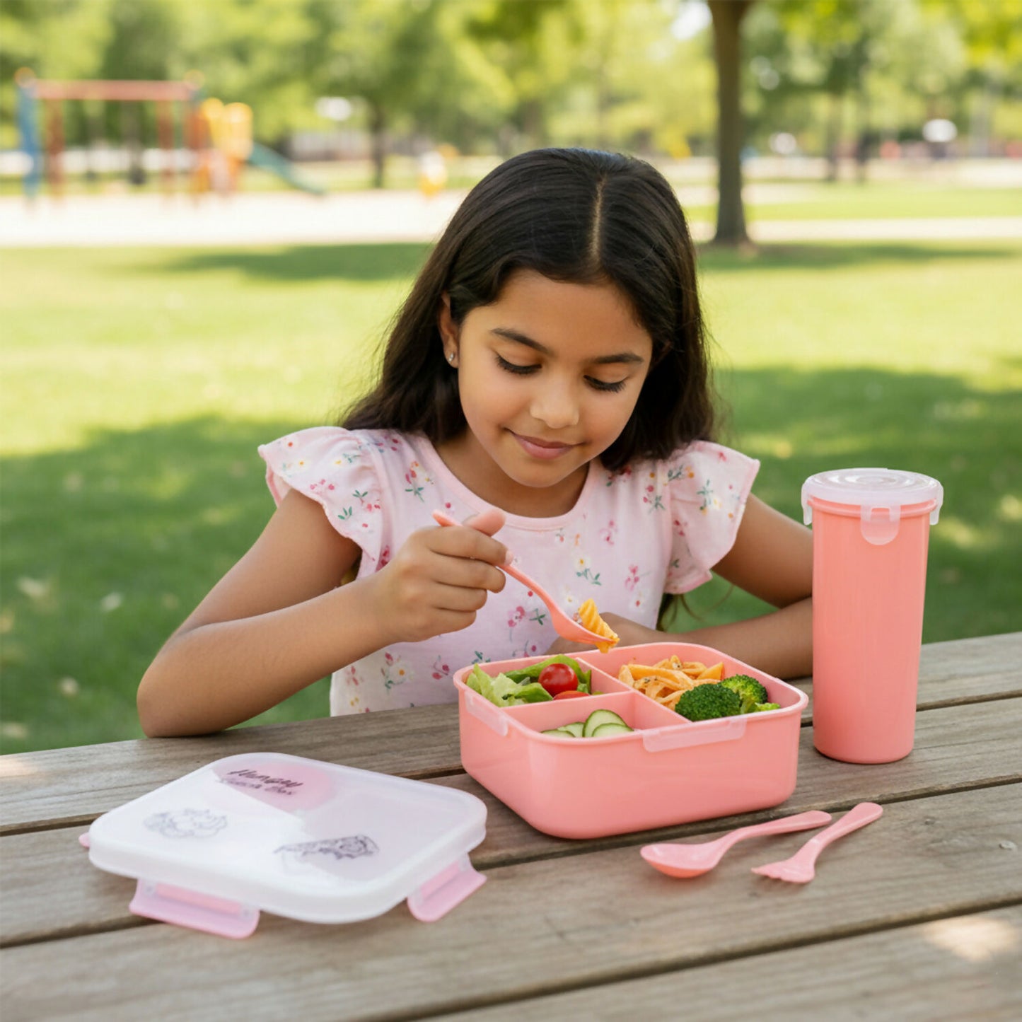 Hungry Lunch Box Combo Set – Unbreakable Plastic Lunch Box with Spoon, Fork & Extra Container for Kids